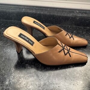 Sacha Too Tan Leather Pointed Toe Mules Lace Up Detail Slip On Heels Size 7.5B